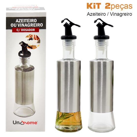 Imagem de Kit 2 Galheteiros Porta Azeite Vinagre Em Vidro Aço Inox Com Dosador 300ml