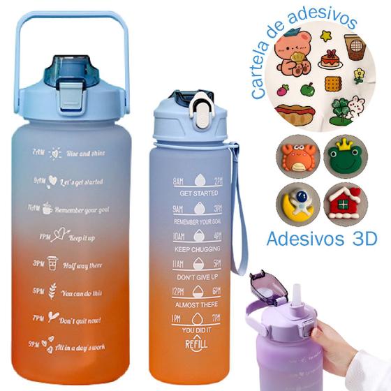 Imagem de Kit 2 Garrafa De Água Squeeze Motivacional Com Adesivos 2 Litros + 900ml Para Academia Viagem Escola