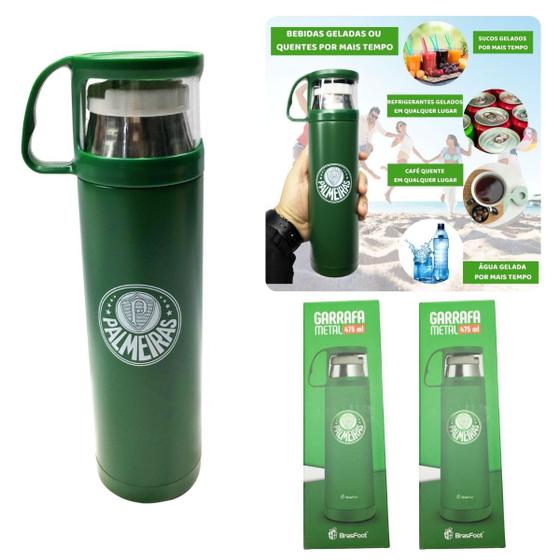 Imagem de Kit 2 Garrafas Térmica Verde Inox 475ml Café +1 Caneca Quente Frio 12Hrs Time Palmeiras Oficial