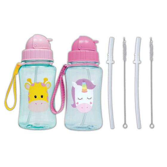 Imagem de Kit 2 garrafinhas infantil 400 ml buba com 2 canudos extra reposição retrátil silicone