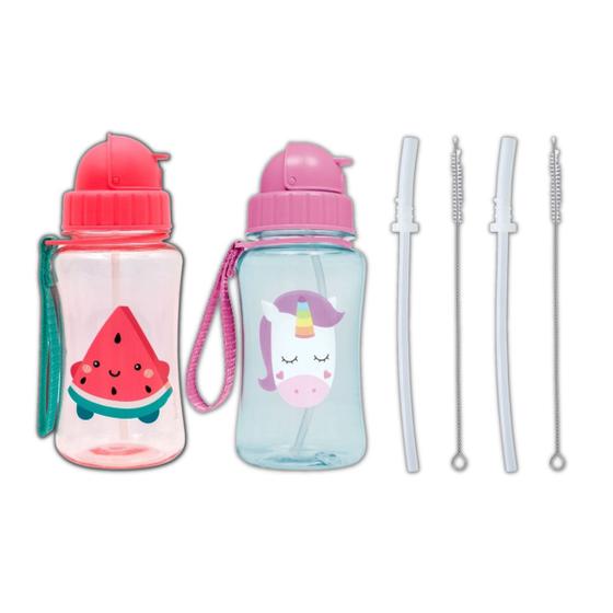 Imagem de Kit 2 garrafinhas infantil 400 ml buba com 2 canudos extra reposição retrátil silicone