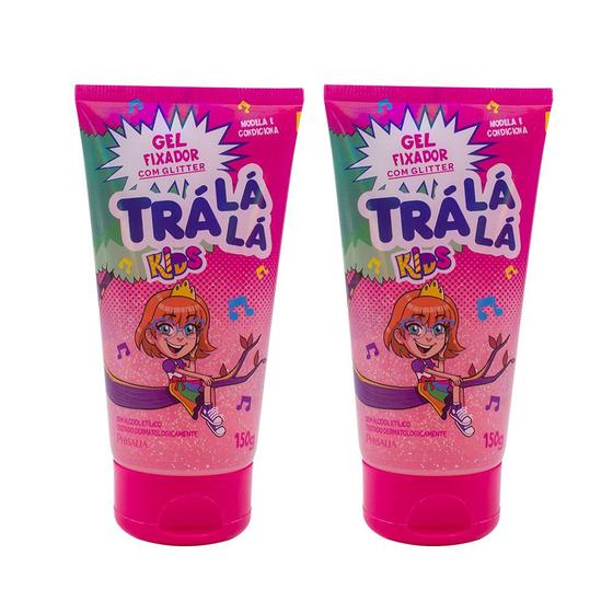 Imagem de Kit 2 Gel Capilar Trá Lá Lá Kids com Glitter Rosa Sem Álcool Modela e Condiciona Infantil Todos os Tipos de Cabelo 150g