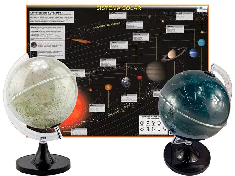 Imagem de Kit 2 Globos Lua e Constelações 21CM + Mapa Sistema Solar 120x90CM Escolar Grande Decorativo