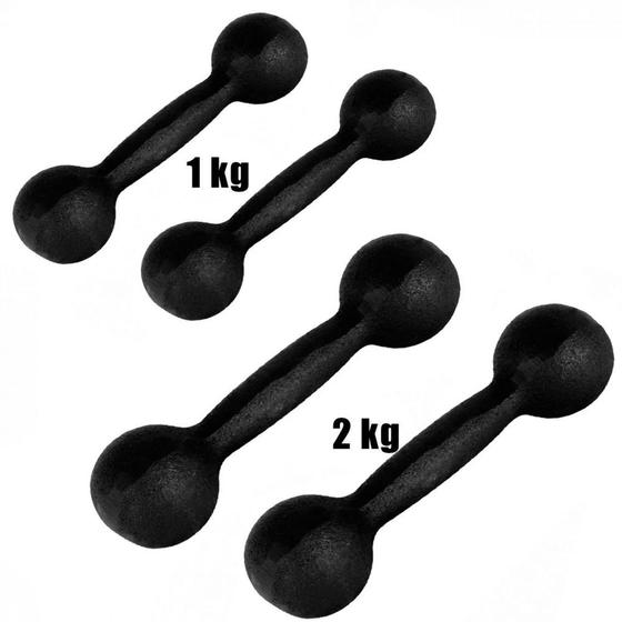 Imagem de Kit 2 Halter de 1 Kg + 2 Halter de 2 Kg em Ferro Fundido Preto  Mega Peso 