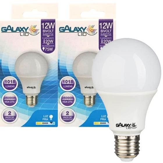 Imagem de Kit 2 Lampada Led Bulbo Pera A60 De 12W Bivolt Soquete E27 Luz Branco Frio 6500K 803 Lúmens Galaxy