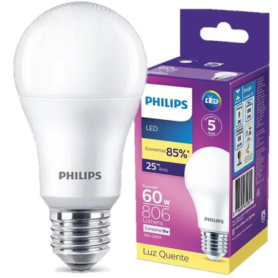 Imagem de Kit 2 Lampada Led Bulbo Philips 9w Branco Quente 3000K E27