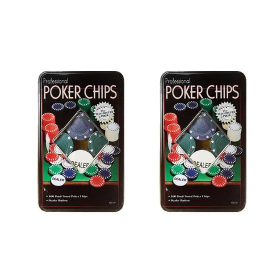 Imagem de Kit 2 Latas Poker Chips Com 100 Fichas + 1 Ficha Dealer Cada