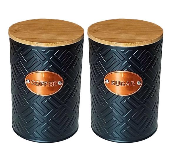 Imagem de Kit 2 Latas Porta Café E Açúcar Cor PretoTampa Bambu