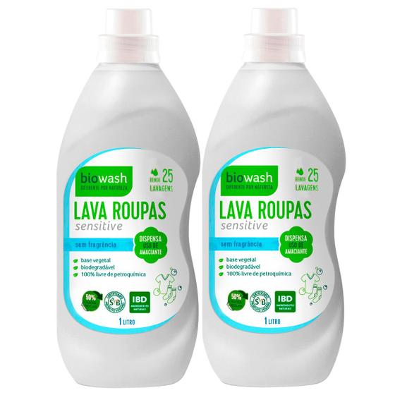 Imagem de Kit 2 Lava Roupas Líquido Sensitive Sem Fragrância Biowash 1 Litro