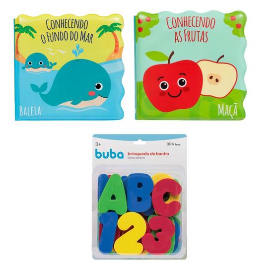 Imagem de Kit 2 livrinhos educativo e 1 letras e números brinquedo para hora do banho infantil bebe menino menina buba