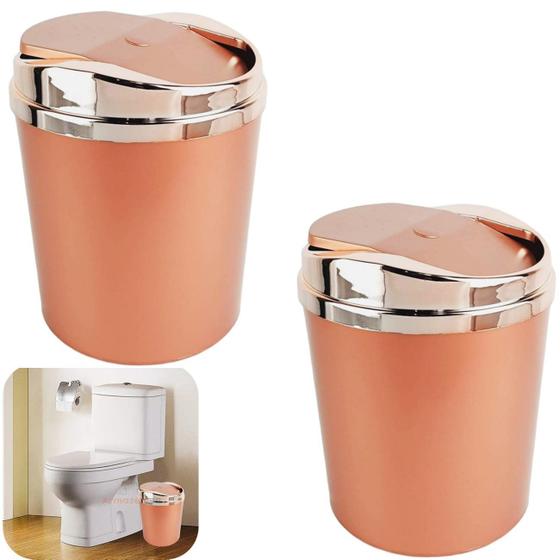 Imagem de Kit 2 Lixeira 5 Litros Tampa Basculante Metalizada Plástica Banheiro Rose Gold - AMZ