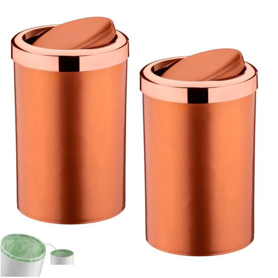 Imagem de Kit 2 Lixeira 8 Litros Tampa Cesto De Lixo Basculante Para Cozinha Banheiro Escritório Rose Gold - Future