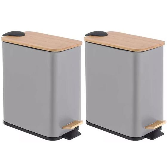 Imagem de Kit 2 Lixeira Retangular Tampa Bambu 5 Litros Com Pedal
