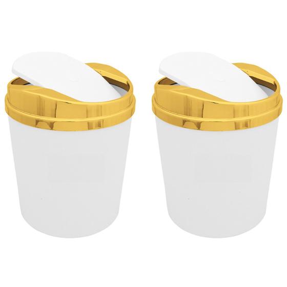 Imagem de Kit 2 Lixeiras 5 Litros Tampa Basculante Plástica Metalizada Banheiro Dourado - AMZ