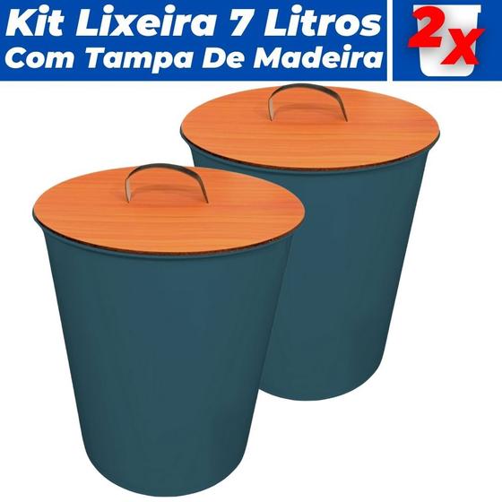 Imagem de KIt 2 Lixeiras 7 Litros Plástico Multiuso Com Tampa De Madeira