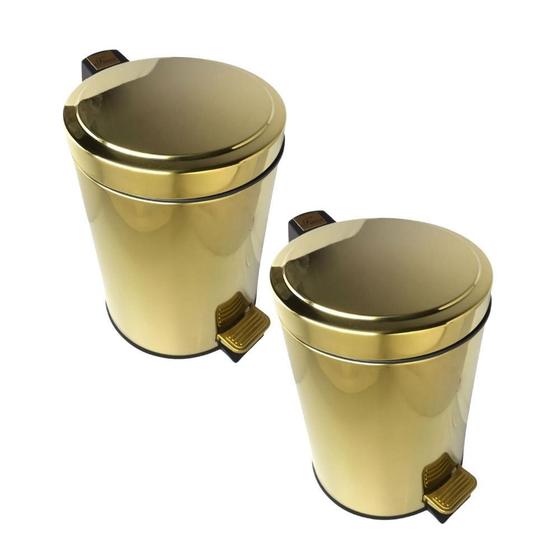 Imagem de Kit 2 Lixeiras Dourada Aço Inox Para Banheiro Com Pedal 5L