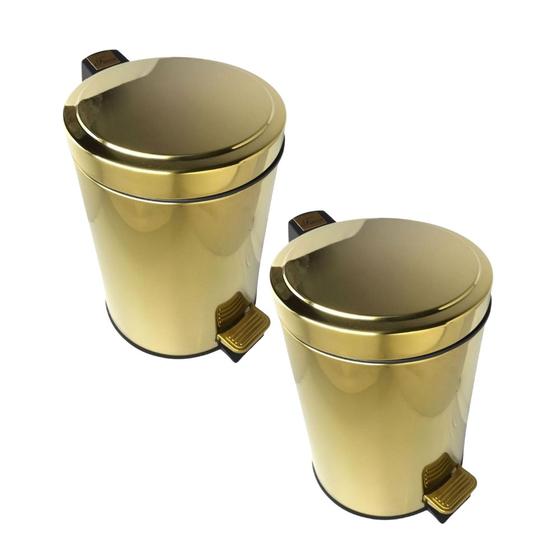 Imagem de Kit 2 Lixeiras Dourada Aço Inox para Banheiro Com Pedal 5L Novo Design Fineza
