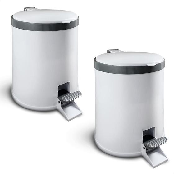 Imagem de Kit 2 Lixeiras Viel Aro Prata Plástica Multiuso Cozinha Banheiro Escritório Área de Lazer Espaço Gourmet Pedal 5 Litros Branco