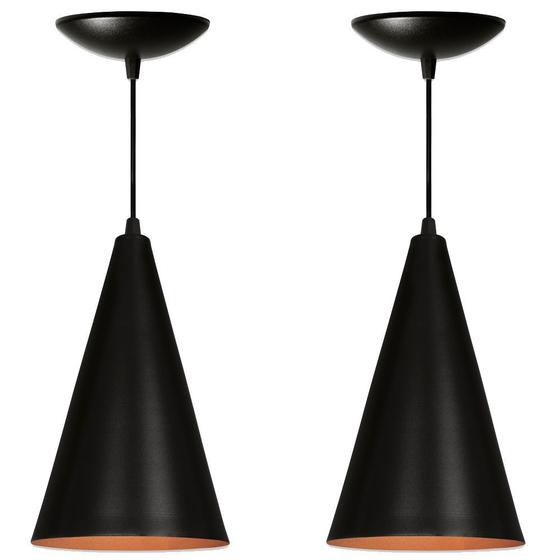 Kit 2 Luminária Pendente Cone Preto Fosco / Cobre Menor preço em Kit 2 Luminária Pendente Cone Preto Fosco / Cobre