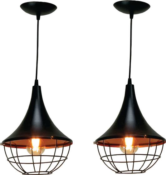 Kit 2 Luminária Pendente Funil 24Cm Com Grade Preto Com Cobre MakLuz