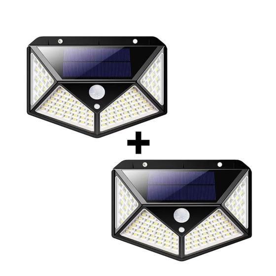 Imagem de KIT 2 Luminária Refletor LED Energia Solar 100 LED Sensor Presença Sem fio Extra Forte Parede Branca Externa Jardim Rua