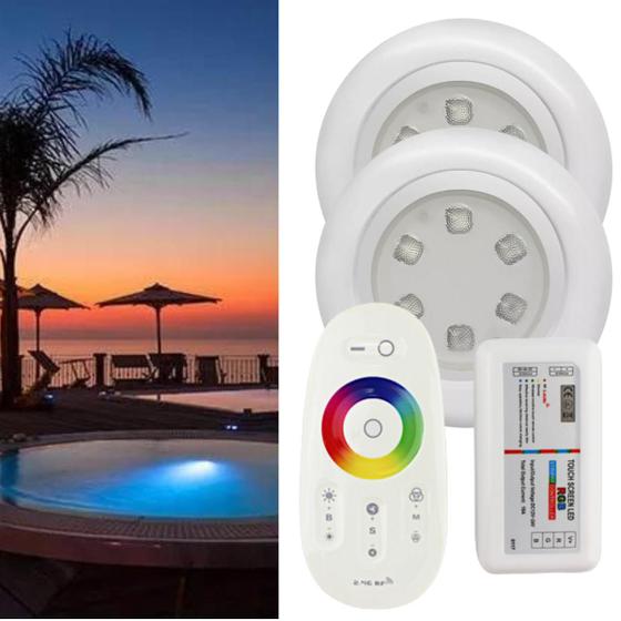 Imagem de Kit 2 Luminárias Led 12V De Piscina RGB 9W Com Controladora (Módulo Central) + Controle Touch Screen + Fonte De Energia
