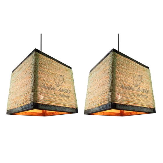 Kit 2 Luminárias Teto Pendente Madeira Rústica Sisal Retrô André