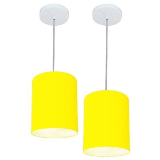 Imagem de Kit/2 Lustre Pendente Cilíndrico Md-4012 Cúpula em Tecido 18x25cm Amarelo - Bivolt