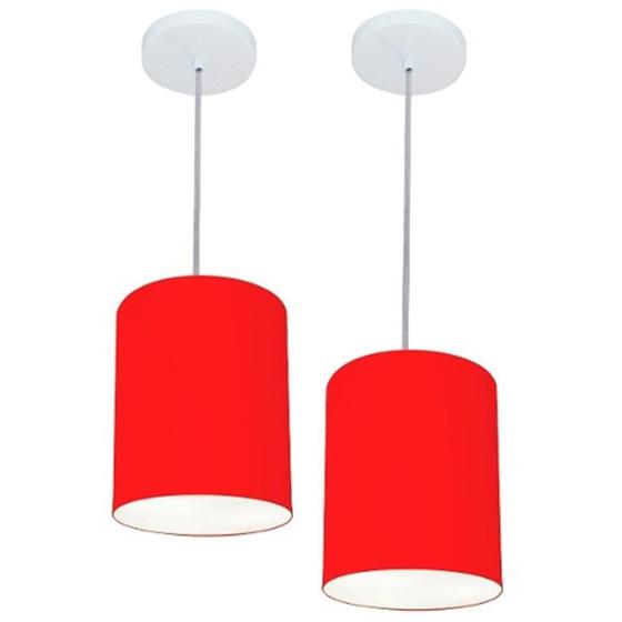 Imagem de Kit/2 Lustre Pendente Cilíndrico Md-4012 Cúpula em Tecido 18x25cm Vermelho - Bivolt