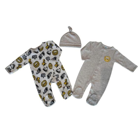 Imagem de Kit 2 Macacão Bebê Bordado e Estampado Mais Gorro