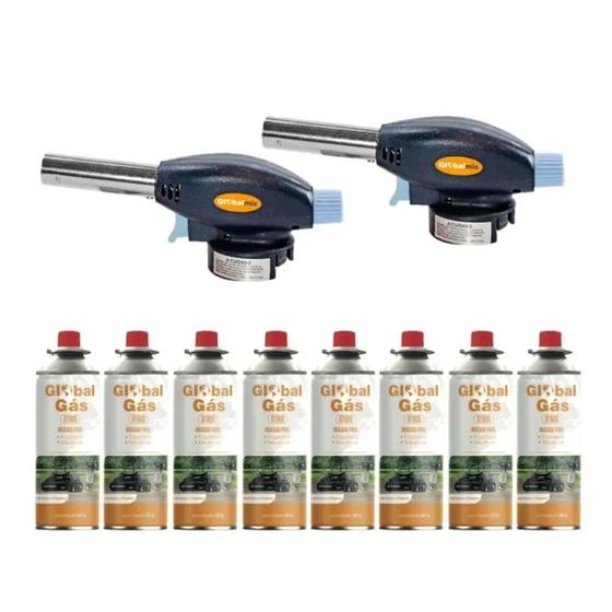 Imagem de Kit 2 maçarico culinário automático controle de chama + 8 refil gás butano artesanato solda