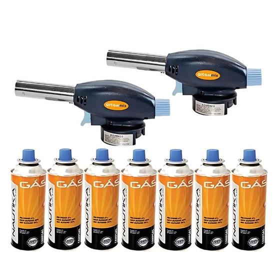 Imagem de Kit 2 maçarico portatil culinário com controle de chama automático solda  + 7 refil gás butano