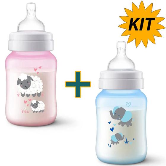 Imagem de Kit 2 Mamadeiras Avent 260ml - Rosa Ovelha e Azul Elefante