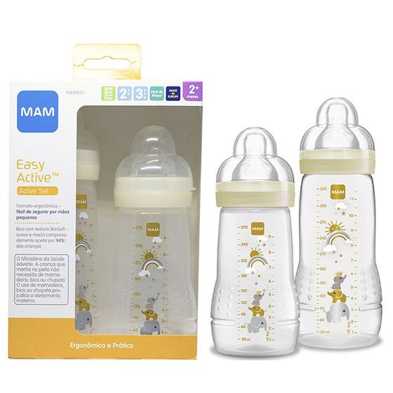 Imagem de Kit 2 Mamadeiras Mam Easy Active 270ml (Bico 2 Fluxo Médio) e 330ml (Bico 3 Fluxo Rápido) Mam