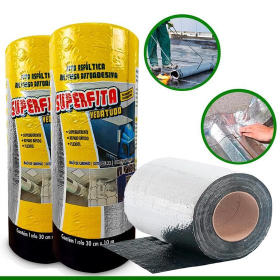 Imagem de Kit 2 Manta Asfaltica Fita Vedatudo Autoadesiva Impermeabilizadora Aluminizada 30cm x 10m