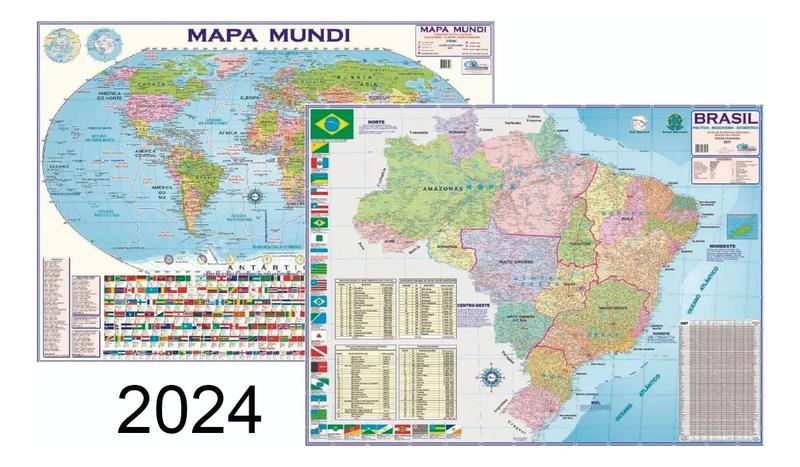 Imagem de Kit 2 Mapa: Mundi + Brasil Escolar Atlas Rodoviário Estatístico