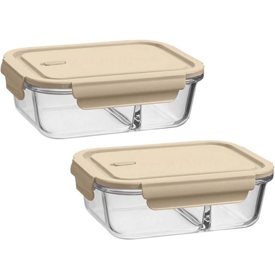Imagem de Kit 2 Marmitas Herméticas com Divisória 1L Potes Vidro Borossilicato Capuccino UZ Retangular