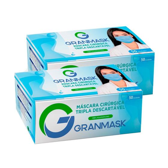 Kit 2 Máscara Descartável Granmask Tripla Camada Azul com Elástico 50