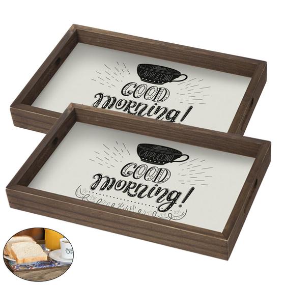 Imagem de Kit 2 Mesa Bandeja Servir Café Manhã Cama Madeira Decorada Estampada Good Morning - Stolf
