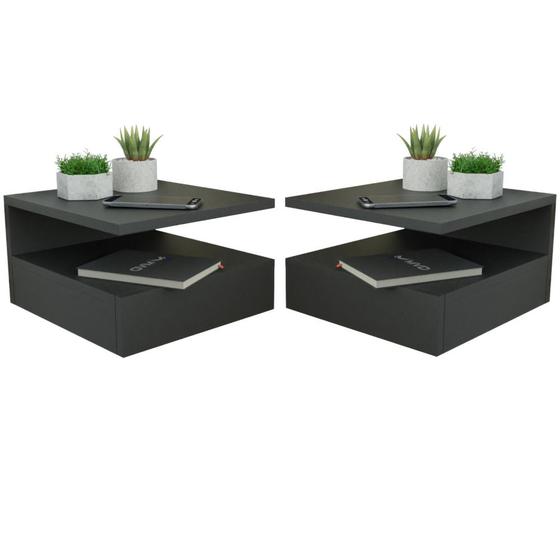 Kit 2 Mesa de Cabeceira Suspensa Preto Com Gaveta e Prateleira MVD Móveis Menor preço em Kit 2 Mesa de Cabeceira Suspensa Preto Com Gaveta e Prateleira MVD Móveis