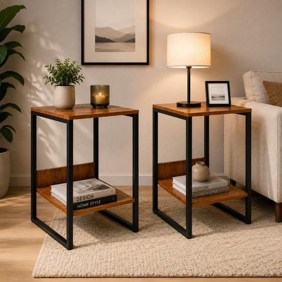 Kit 2 Mesa Lateral Cabeceira Industrial MDF e Aço Preto Moderno Quarto Sala