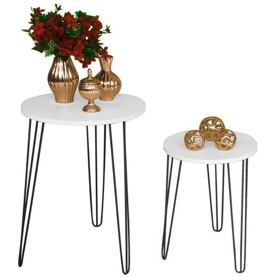Imagem de Kit 2 Mesas De Apoio Tampo Mdf Branco Pés Ferro Metal Preto