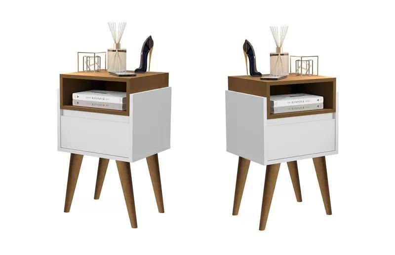 Kit 2 Mesas De Cabeceira Évora Com Nicho 1 Gaveta Pés Palito Estilo Retro - Cor:Branco Com Nature - Lojas GB Imagem de Kit 2 Mesas De Cabeceira Évora Com Nicho 1 Gaveta Pés Palito Estilo Retro - Cor:Branco Com Nature - Lojas GB