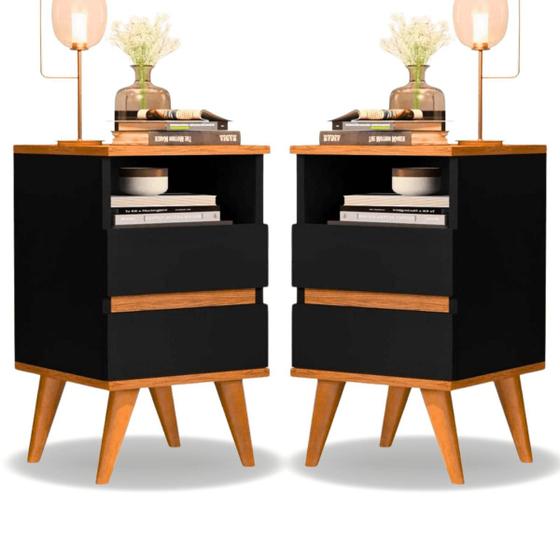 Imagem de Kit 2 Mesas de Cabeceira Quarto Apoio Lateral Cama Box Casal Estilo Decoração Retrô Pop 2 Gavetas - Preto/Nature