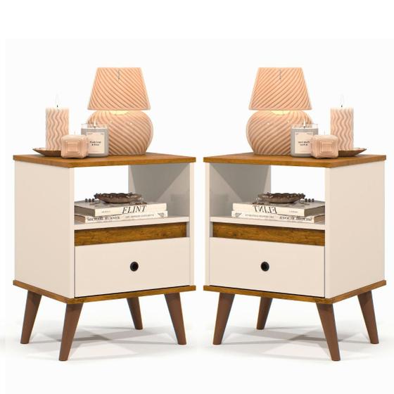 Imagem de Kit 2 Mesas de Cabeceira Quarto Apoio Lateral Cama Box Casal Estilo Decoração Retrô Ted 1 Gaveta - Offwhite/Nature