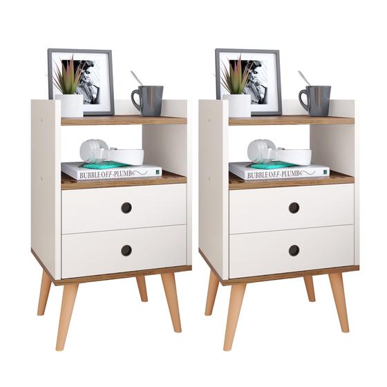 Kit 2 Mesas de Cabeceira Retrô Mesinhas com Gavetas Modernas Criado Quarto Casal Solteiro Completo Dream – Off White/Freijó – Lojas RPM – RPM Móveis