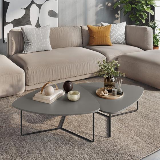Kit 2 Mesas Mesinhas de Centro para Decoração Sala de Estar Metal Preto Design Orgânico Capri