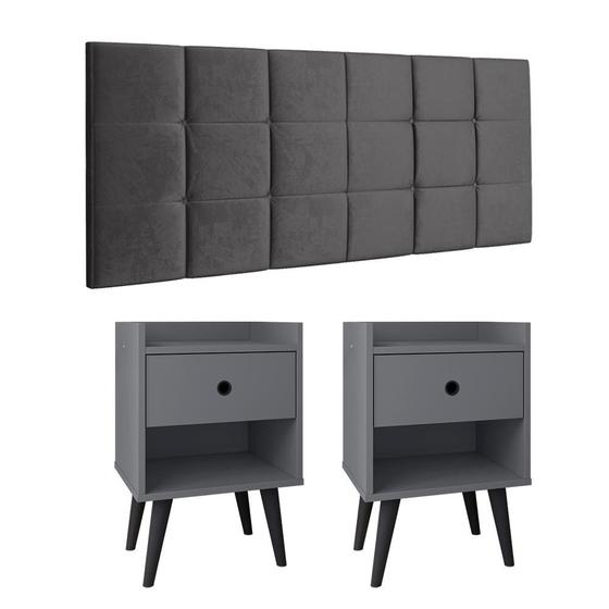 Imagem de Kit 2 Mesinhas Decore Cinza/Preto Nicho Porta Objetos Pés Palito Cabeceira Suspensa Bia Cama Box King 1,95 Cinza Suede - Lojas RPM