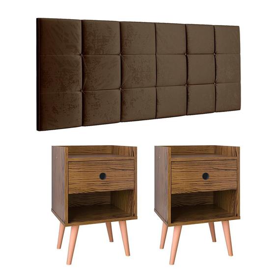 Imagem de Kit 2 Mesinhas Decore Freijó Nicho Porta Objetos Pés Palito Cabeceira Suspensa Bia Cama Box King 1,95 Marrom Suede - Lojas RPM