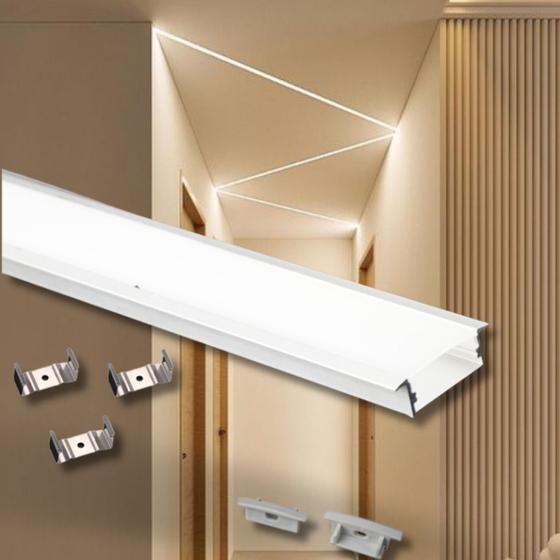 Imagem de Kit 2 Metros de Perfil Luminaria para Fita Led de Embutir em Alumínio com Difusor Slim 100x2,4cm Para Marcenaria Alvenaria Casa Apartamento